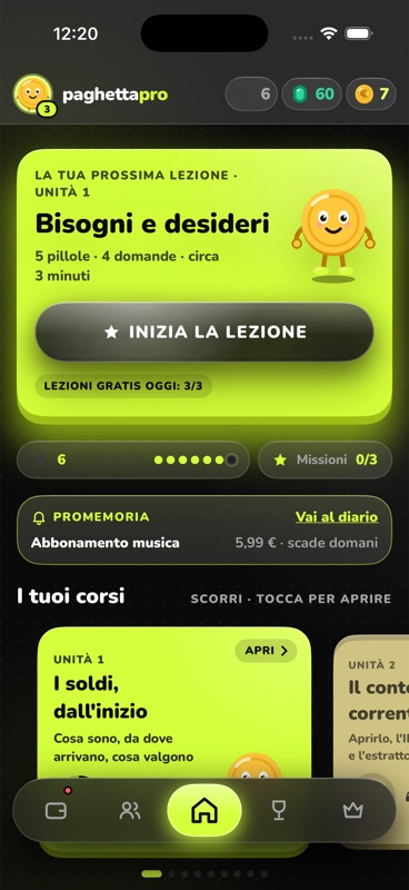 La schermata principale di Paghetta Pro con la prossima lezione e la streak